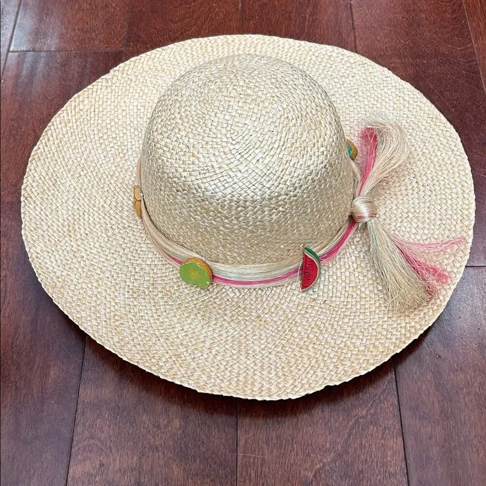 Woven Straw Hat with Fruit Details, Wide Brim Perfect for a Hot Day at the Beach